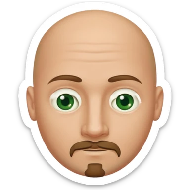 white caucasian bald man's face, with brown  round goatee and dark green eyes, oval face, rounded, big, little eyes a small smile sticker