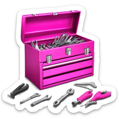 Realistic metallic hot pink tool box with top open and tools inside of it isolated.  sticker