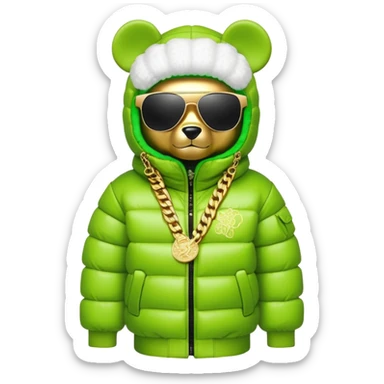 bearbrick figure with lime green grafitti-covered balaclava, voluminous puffer jacket with fur trim, single-piece wrap-around sunglasses, heavy gold chains, luxury streetwear style sticker