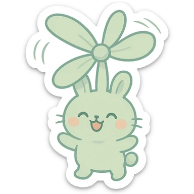 kawaii bunny-fan hybrid, ears spinning like fan blades, pastel green, cheerful, full-body sticker