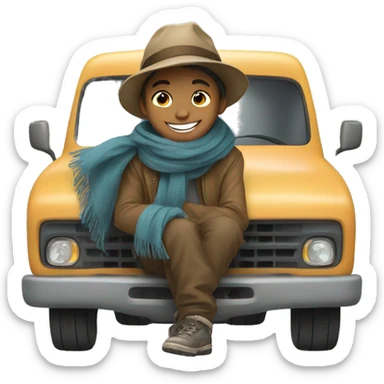 smiling boy in hat and scarf sitting in a truck bed sticker