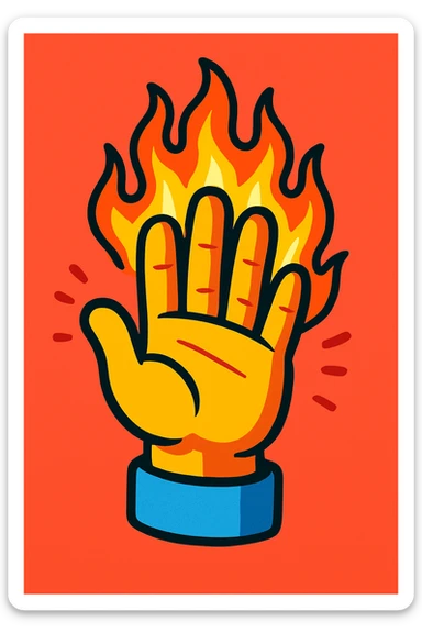 cartoon hand with flaming fingers, waving gesture, bold colors, no text sticker