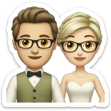 Wedding couple. She has dark Hair and a chignon. He has a light olive green suit with a brown vest. He wears glasses and is blond. Both have blue eyes sticker