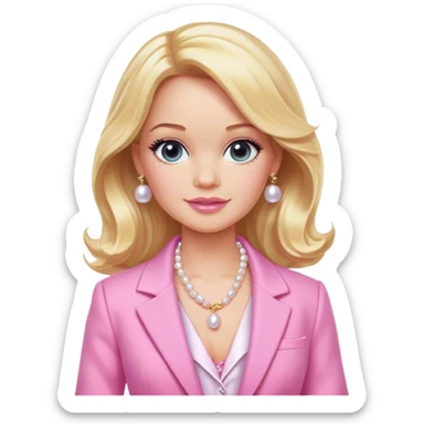 Elle woods with wavy blonde hair , a baby pink blazer with a white undershirt, pink Barbie makeup on, and a pearl necklace.  sticker