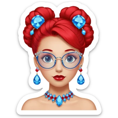 gem lover woman with gem accessories excessive amount gem glassess very big gem earrings red bun hair and redbluediamonds sticker