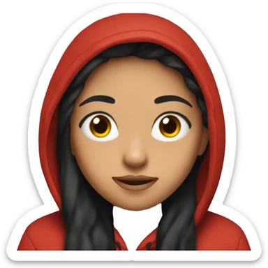 Girl with long black hair wearing a red hoodie that says YAEY sticker