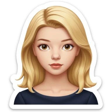 Cinematic Realistic Anya Taylor Joy Portrait, depicted with lifelike skin texture, subtle rosy undertones, and soft natural lighting that enhances the gentle contours of her face. Her intricately detailed golden blonde hair is elegantly. sticker