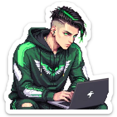 male with dark hair, wearing a black palm angels tracksuit, high fade haircut, slick back hairstyle, green eyes, green aura, coding on black laptop sticker