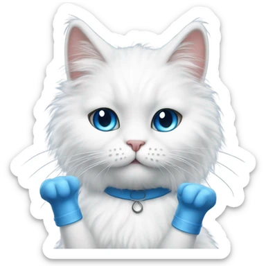 White fluffy cat with blue  that’s a nail tech with long stiletto nails sticker