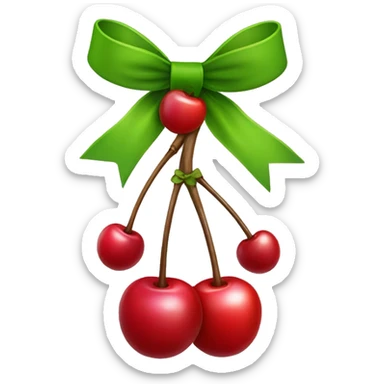 A gift bow with two short strings hanging down. From the center of the bow, two cherry stems with cherries dangle down, as if they are part of the bow sticker