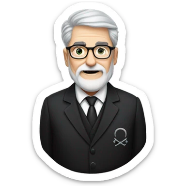 60 year old Caucasian male with grey hair, glasses and a grey goatee beard wearing a black dinner suit with a Masonic emblem on the left lapel. sticker