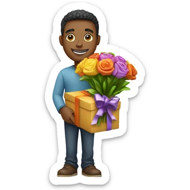 A man with a bouquet and a gift sticker