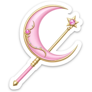 Sailor Moon's Crescent Moon Stick, a pink wand with a gold crescent moon on top and a circular silver gem in the center sticker