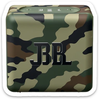 Minimalist JBL Go 4 portable speaker with military camouflage pattern, simple clean design, rectangular shape, subtle JBL logo sticker