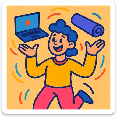 colorful friendly cartoon style of a person juggling a laptop and a yoga mat representing work-life balance sticker