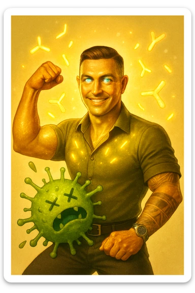 Un uomo atletico (30-40 anni) dalla pelle perfettamente liscia, senza cicatrici o imperfezioni, che emana un leggero bagliore dorato (metafora degli anticorpi).
Occhi brillanti con riflessi blu-verdi (simbolo di salute estrema).
Postura eroica, con un braccio sollevato in un gesto di forza, mentre con l'altro tiene un batterio gigante schiacciato come se fosse un mostro sconfitto. sticker