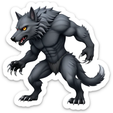 cinematic-noble-fierce-werewolf-full body on all fours-emoji, poised-and-imposing, with a tall, lean, and muscular wolfish frame inspired by the brutal, imposing shape of the beast from Berserk, fur rippling in shades of midnight black and silver, massive paws with razor-sharp claws, elongated limbs and fangs, eyes glowing with an intense, primal ferocity, reflecting the untamed power of the wild moonlit night; rendered with realism like a wolf sticker
