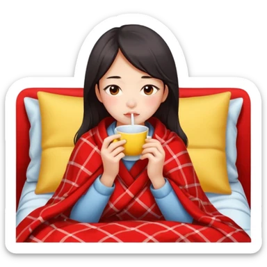 cute and sexy chinese girl, feeling sick up, nose and cheecks red by blush, covered by blanket, drinking tea with lemon sticker