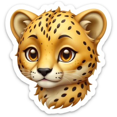 Cinematic Cute Cheetah Portrait Emoji, Head tilted playfully and inquisitively, featuring a glossy, golden spotted Fur with a natural sheen, round, sparkling amber eyes filled with curious mischief, Simplified yet irresistibly adorable features, highly detailed, glowing with a warm, friendly glow, high shine, affectionate and agile, stylized with a touch of savannah whimsy, bright and endearing, soft glowing outline, capturing the essence of a mischievous yet loving cheetah, so playful it feels like it could dash out of the screen and into your arms! sticker
