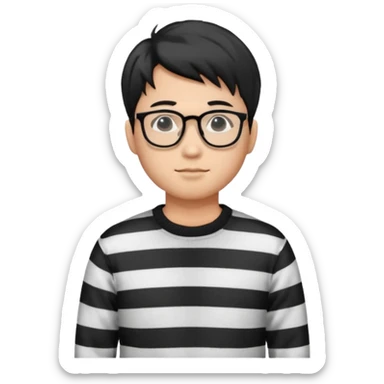 asian man with black curtains styled hair in striped sweater standing and in glasses sticker