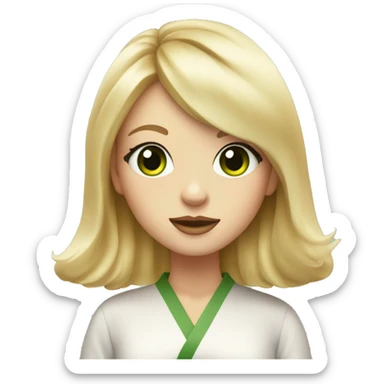 A blonde girl with slightly wavy air-touch hair and curtain bangs and green eyes eats sushi sticker