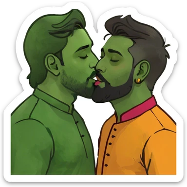 A white guy kissing an Indian guy with beard sticker