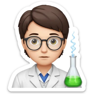 Portrait of a young scientist wearing a white lab coat, glasses, curious expression sticker