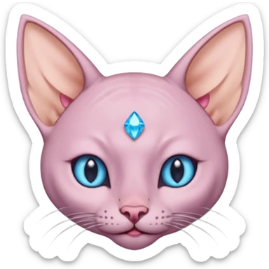 Light purple hairless cat body, pink gem middle of forehead, big pointy ears blue inside, ear like flaps coming out of both cheeks, end of tail split in two sticker