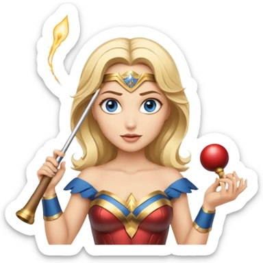 Blonde blue eyed Wonder Woman holding white orchestra conductor’s baton and bell  sticker