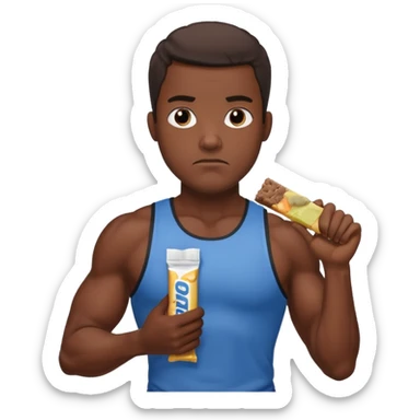 A male athlete holding a protein bar and frowning deeply sticker