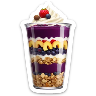 Açaí in a clear cup with layers of fruits and granola and condensed milk sticker