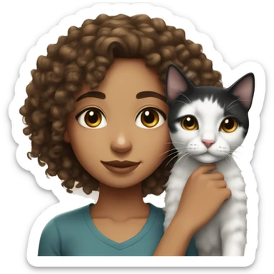 Lightskin girl with curly hair with a black and white cat  sticker