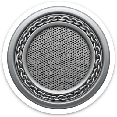 3D render of Speaker Grille, made of interlocking chainmail metal rings, wire mesh texture, visible holes and negative space, metallic silver and grey, high contrast shadows, emoji style, isolated on white background --v 6.0. sticker