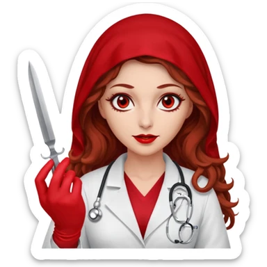 Lilith scalpel in hand, evil surgeon sexy surgeon clothes.  She has red eyes. She brown long curly hair. Wears sexy doctor outfit with red gloves. Wears red burka to hide her identity sticker