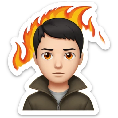 boy with short black hair, fire, risk-taker, realist sticker