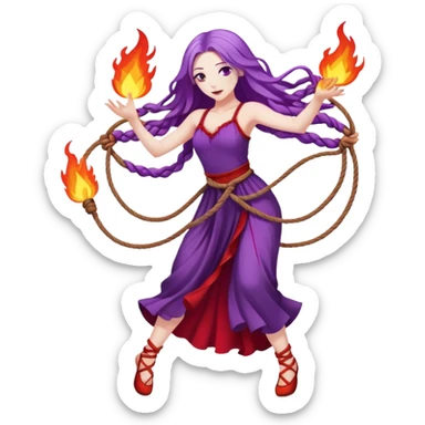 Full body two ropes on fire dance performer pale skin with long purple hair red dress sticker