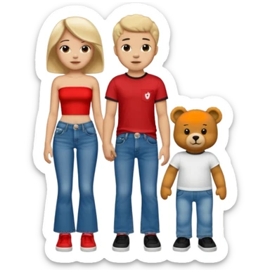 A boy and a girl teddy bear for the boy bear put on true religion shirt and jeans with black shoes and for the girl put flare jeans and a red tube top and white shoes sticker
