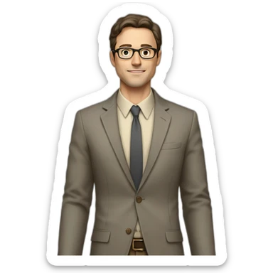 Full height Actively gesturing with hands Pale skinned fit man with dark brown hair in gray jacket, beige office shirt, brown tie, brown pants and vintage glasses. sticker