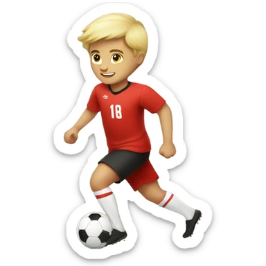 Boy is blonde Playing soccer and wearing a red yersey sticker