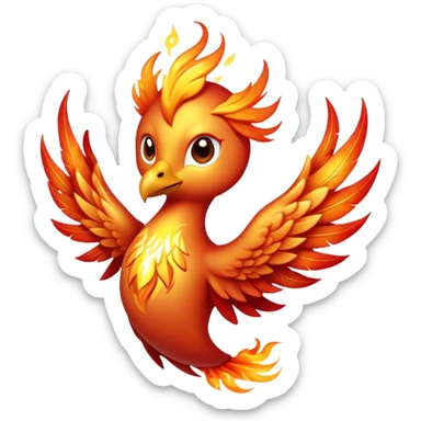 Cinematic Cute Mystical Fire Phoenix Portrait Emoji, Head tilted playfully and inquisitively, showcasing a vibrant, flame-kissed form with intricately detailed feathers in warm shades of red, orange, and shimmering gold, accented by delicate sparks and a gentle, inviting glow; rendered with lifelike detail and soft, radiant light, high shine, enchanting and spirited, styled with a touch of mythic whimsy, soft glowing outline, capturing the essence of a mischievous yet endearing phoenix poised to flutter playfully into your heart! sticker