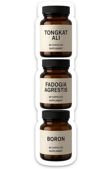 4 boccette di integratore: Tongkat Ali, Fadogia Agrestis, Boron e Zinco fluttuano in aria verticalmente sticker