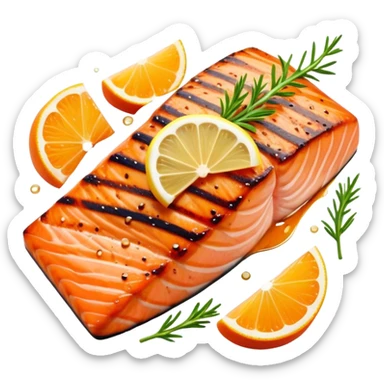 Cinematic perfectly grilled salmon, rich orange hues with crispy skin, garnished with fresh herbs, drizzled with lemon, ultra-detailed and delicious. sticker