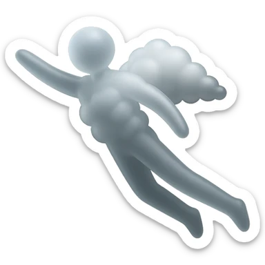 minimalist flying person with body made of white fluffy clouds, matte glass style, no background sticker