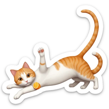 ginger and white cat with orange eyes doing a big extremely long stretch reaching up into the air with arms and legs side by side together straight and overextended whilst lying on its side sticker