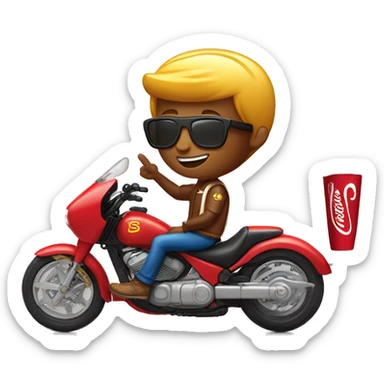 A boy with a motorcycle with a cool racing Hemlet, at McDonald’s With a cola with 20 degrees outside  sticker