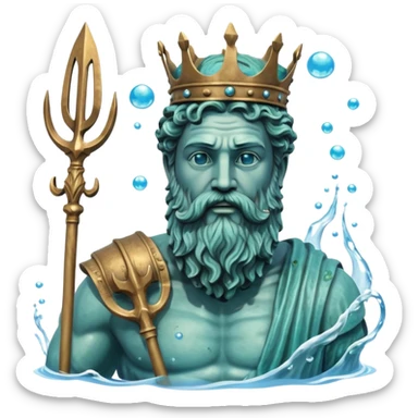 Bust of Poseidon underwater, Greek god with beard and crown, sea god statue with trident, bubbles around, blue water background sticker