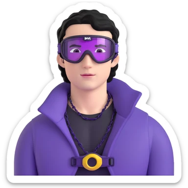 male athlete with white skin and moderately curly black hair on top with shaved sides, wearing ski goggles with purple frames and very dark black lenses, a simple plain black chain necklace, and an open shiny purple vest showing his chest and abs, no earrings sticker