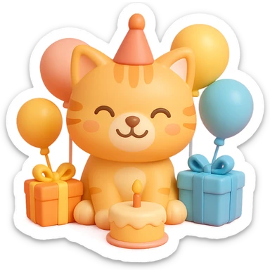 ginger tabby kitten with birthday hat, surrounded by balloons and presents, smiling, birthday cake nearby sticker