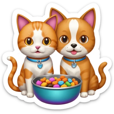 a cat and a dog eating treats from a bowl sticker