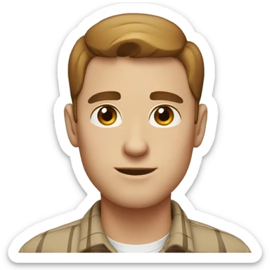 white man short brown hair parted in the middle, brown eyes, tattersall shirt sticker